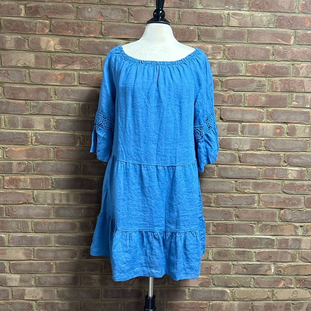 Terzo Millennio Womens Blue Bell Sleeve Tiered Linen Dress Size XL NEW